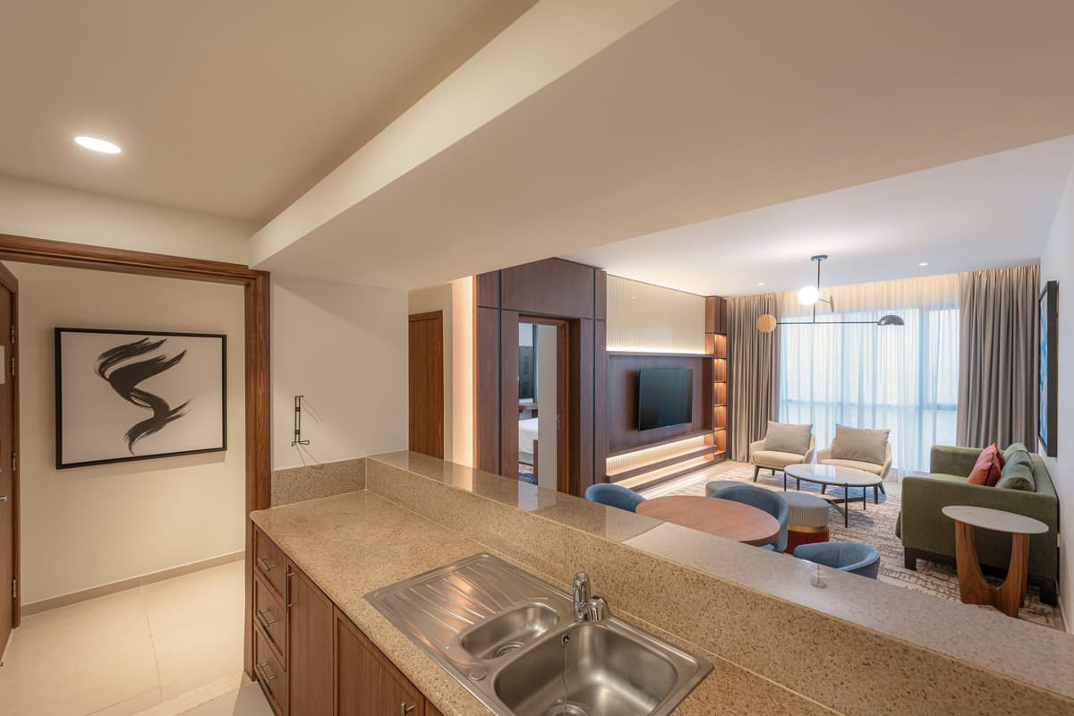 Suite mit Kingsize-Bett und Panoramablick Burj Khalifa und Blick auf den Brunnen